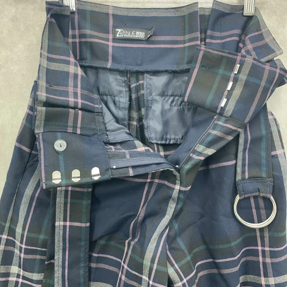 NY & Co 7th Ave 28x33 Women 2 Navy Pink Plaid Pants High Waist Wide Leg Academia - Picture 7 of 10